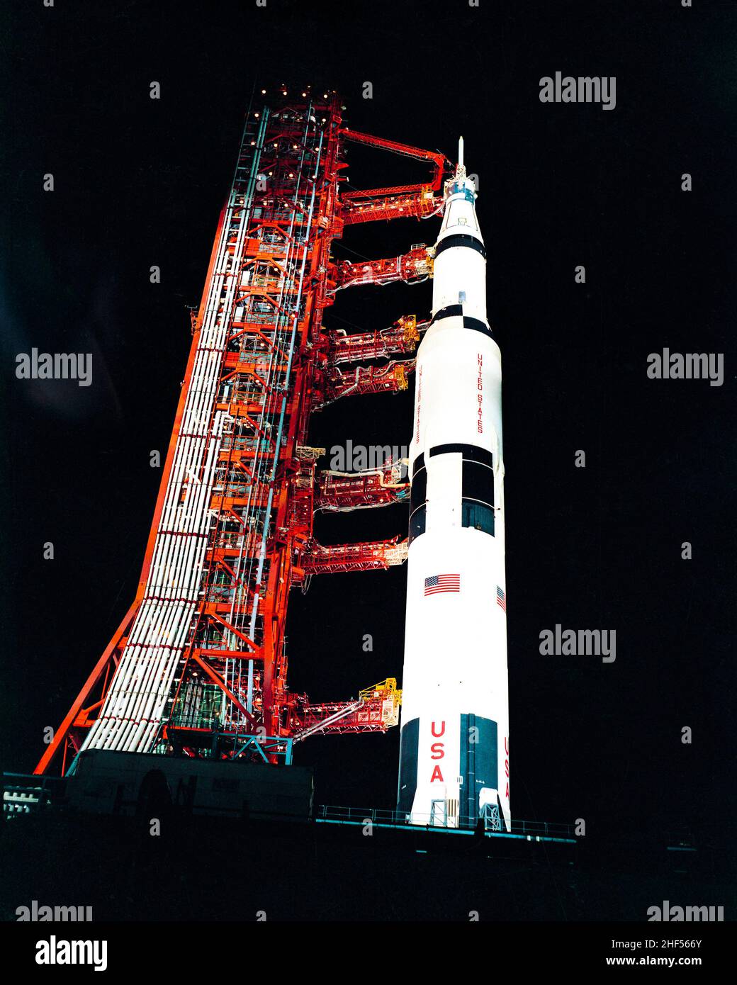 Nighttime, ground level view of Pad A, Launch Complex 39, Kennedy Space Center, showing the Apollo 13. Original from NASA. Stock Photo