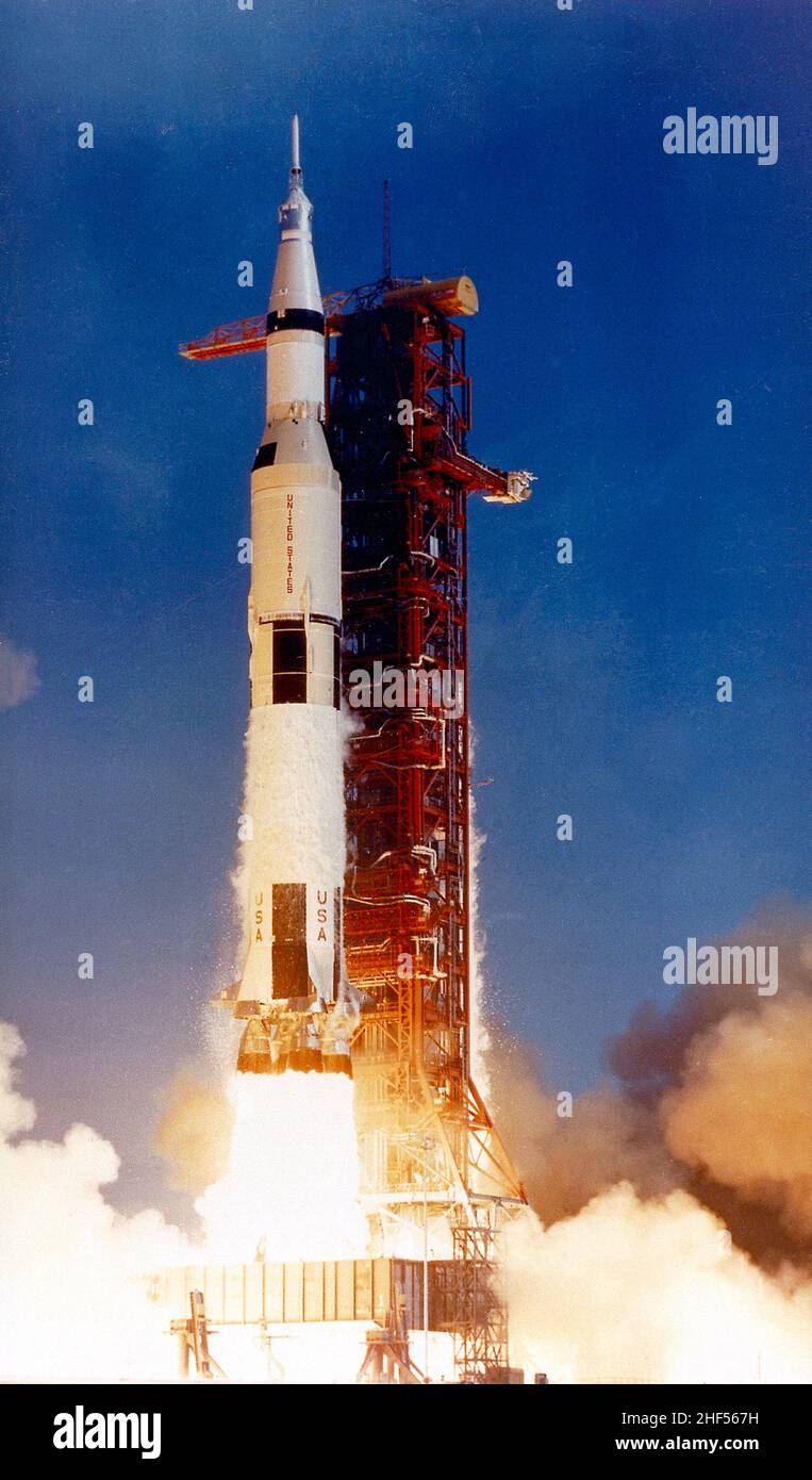 The photograph of the Saturn V launch vehicle (SA-506) for the Apollo 11 mission liftoff on July 16, 1969 at the Kennedy Space Center. Stock Photo