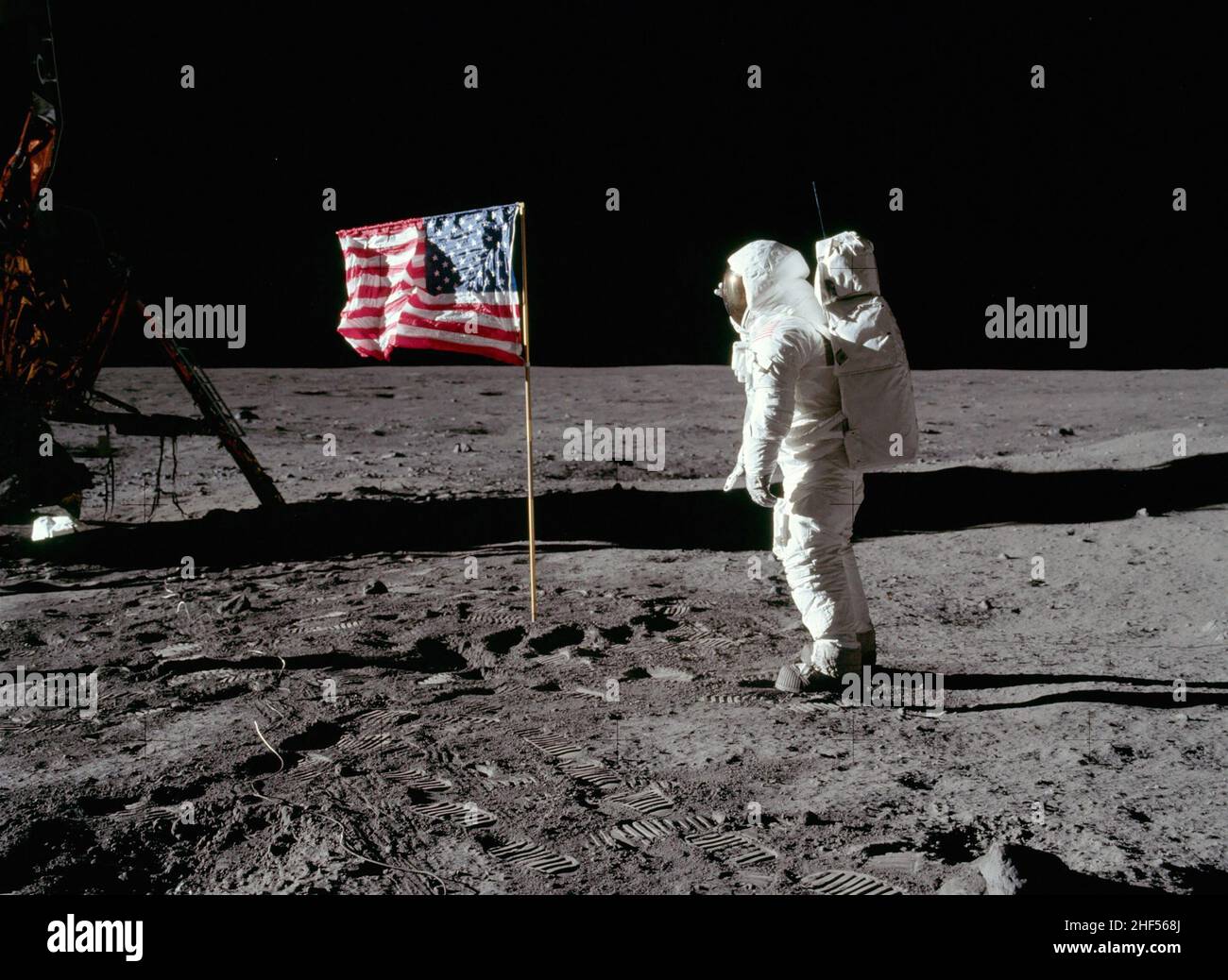 Buzz Aldrin salutes the U.S. Flag - 20 July 1969. Photo by Neil Armstrong / NASA. Apollo 11 mission. Stock Photo