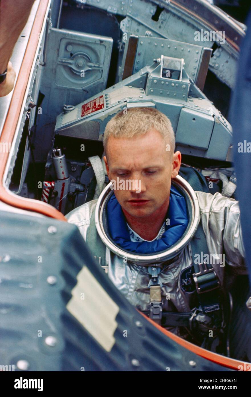 Astronaut Neil A. Armstrong inside the Gemini Static Article 5 spacecraft prior to water egress training. (16 July 1965) Stock Photo