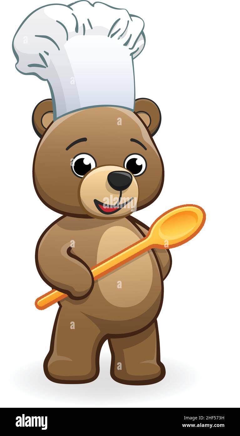 cute cartoon teddy bear chef baker character with toque chefs hat and holding wooden spoon vector isolated in white background Stock Vector