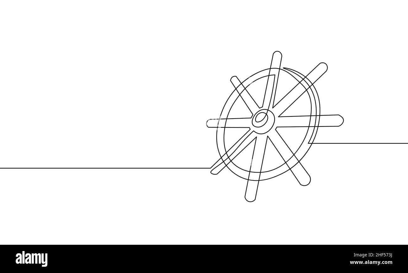 One continuous line wheel helm computer developer app concept. Business digital open source program. Data coding steering vector line illustration Stock Vector