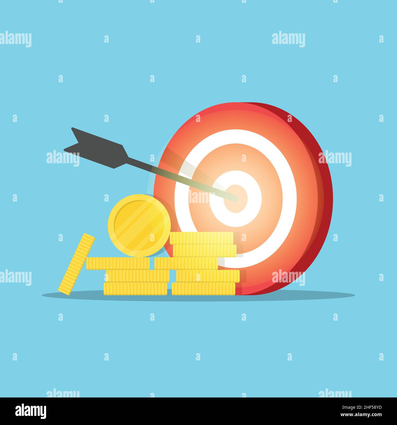 Darts target with coins icon in flat style. Budget deposit vector ...