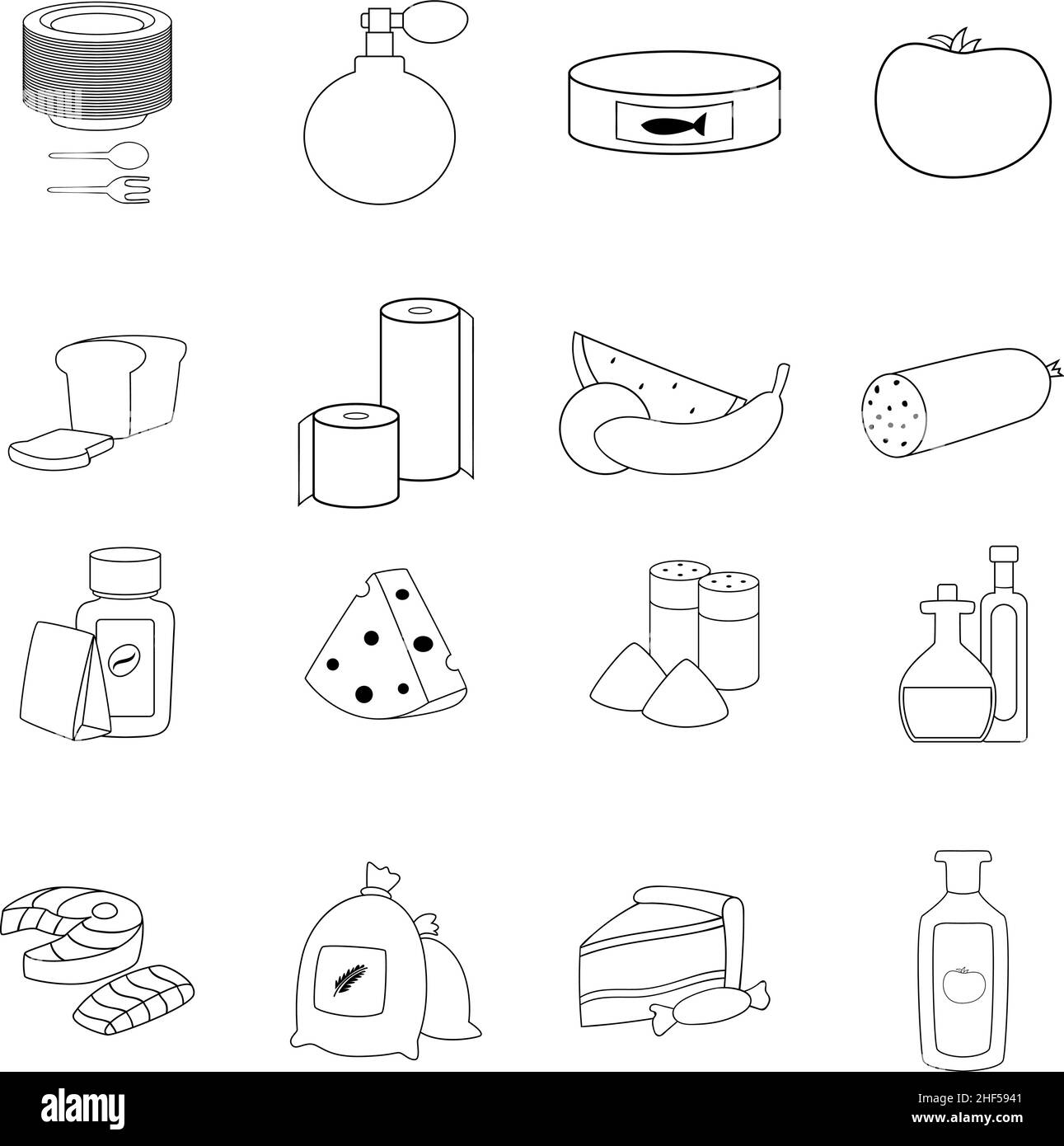 Supermarket department set icons in outline style isolated on white background Stock Vector