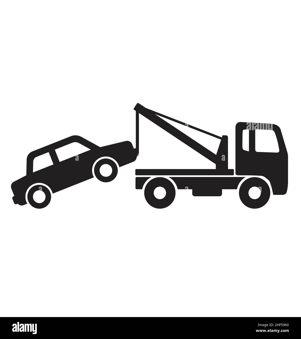 simple tow truck towing broken down car black silhouette side view icon symbol vector isolated on white background Stock Vector