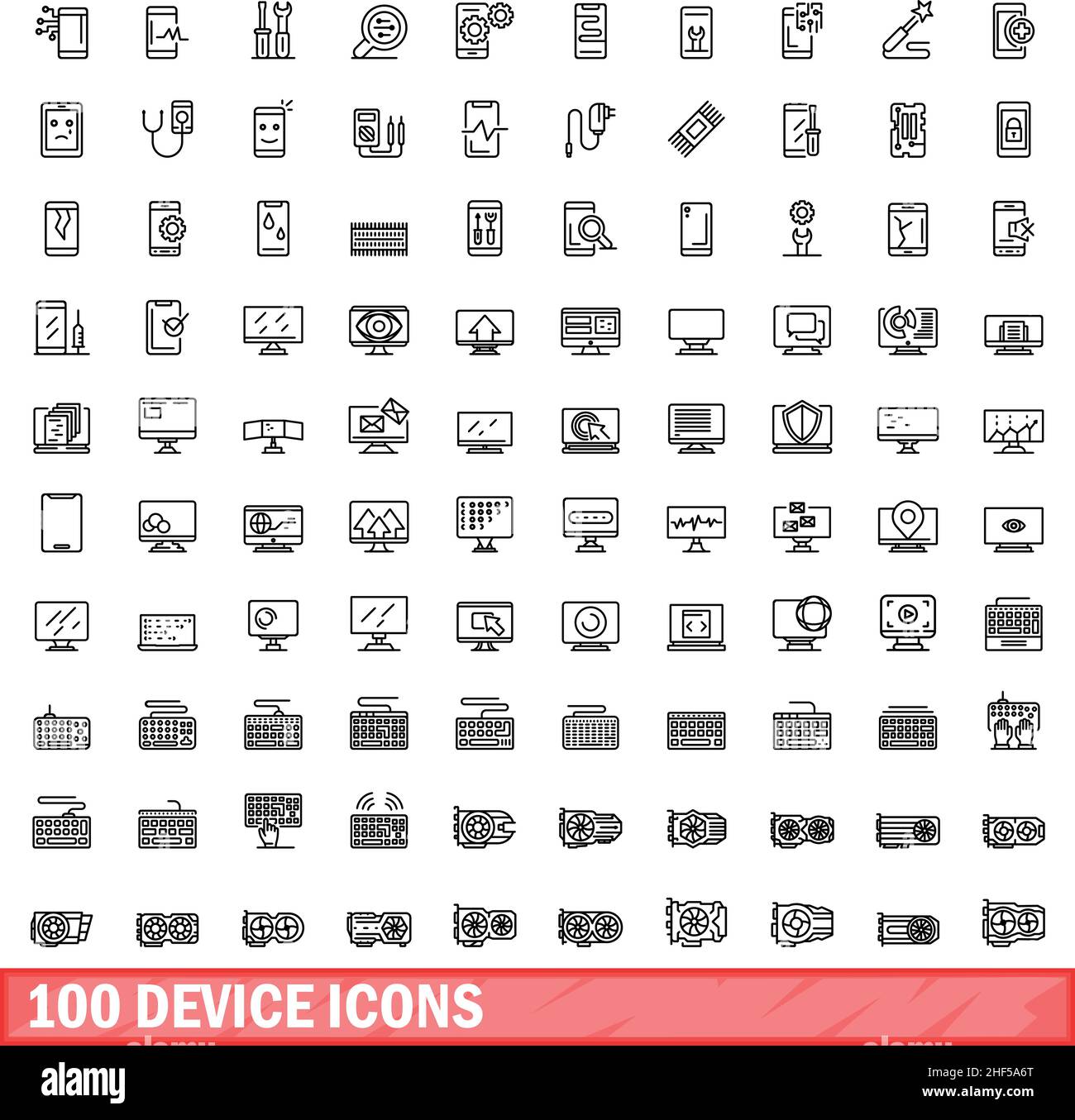 100 device icons set. Outline illustration of 100 device icons vector ...