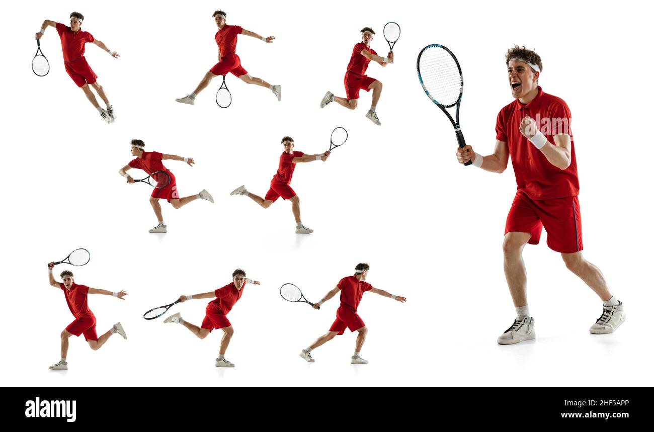 Portraits of young man, professional tennis player training isolated on  white background. Collage Stock Photo - Alamy