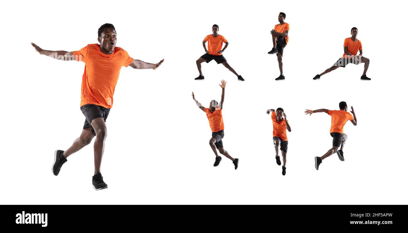 Full-length portraits of young african man, athlete running, training ...