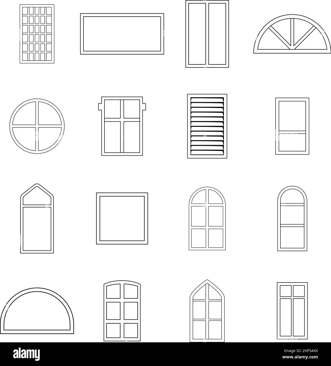 Window design types set icons in outline style isolated on white background Stock Vector