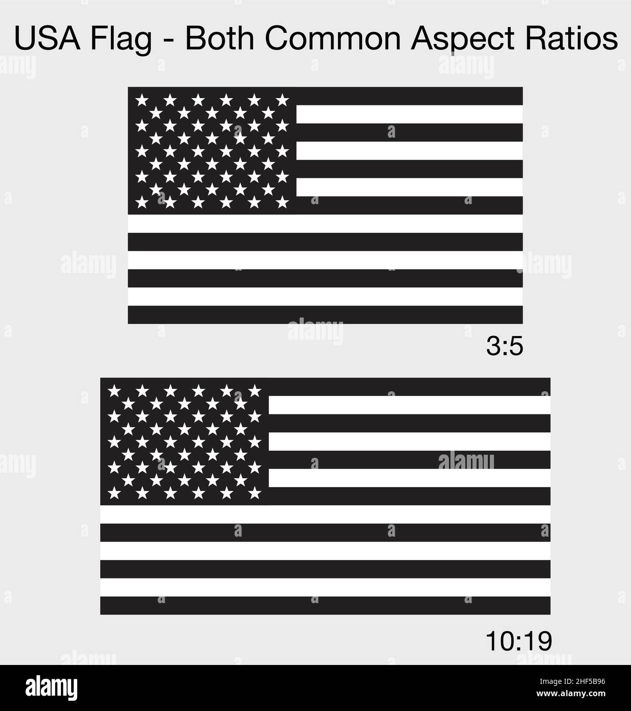 accurate correct black and white USA flags both common sizes aspect ratios vector illustration Stock Vector
