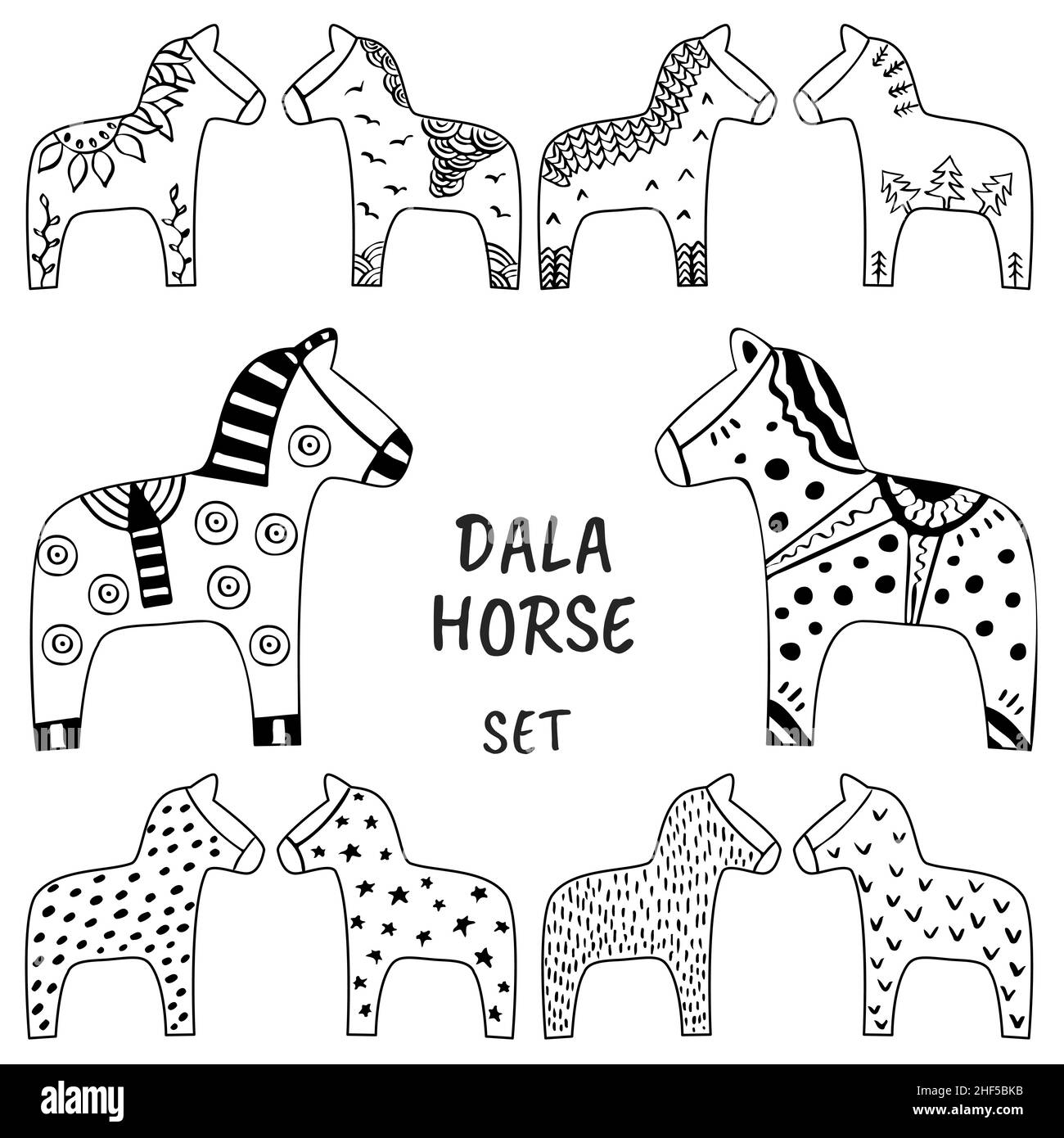 Dala horses set. Ink hand drawn sketch of traditional Swedish Dalarna horse scandinavian style minimalistic outline for cards, tourism related design vector illustration Stock Vector