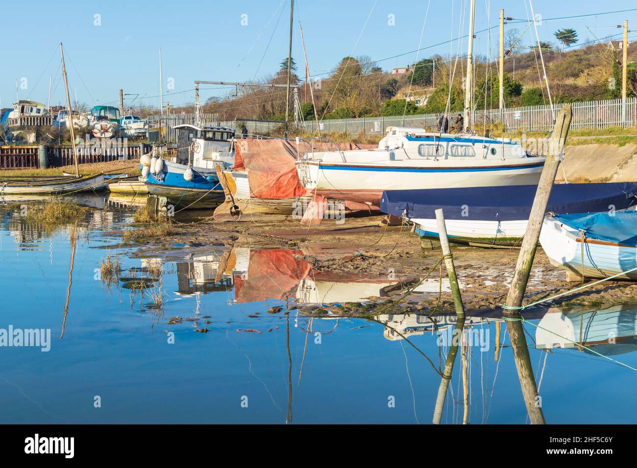 Boats Moored in Marina at Old Leigh on a Bright and Sunny January Morning Stock Photo
