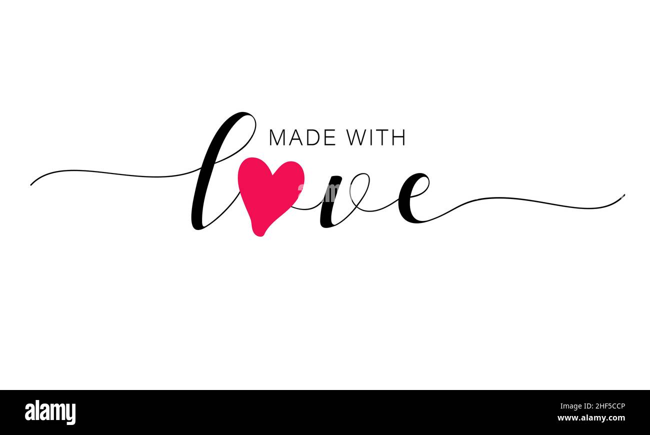 Made with love lettering with heart symbol. Hand drawn black line calligraphy. Ink vector inscription isolated on white background. Lettering for your Stock Vector