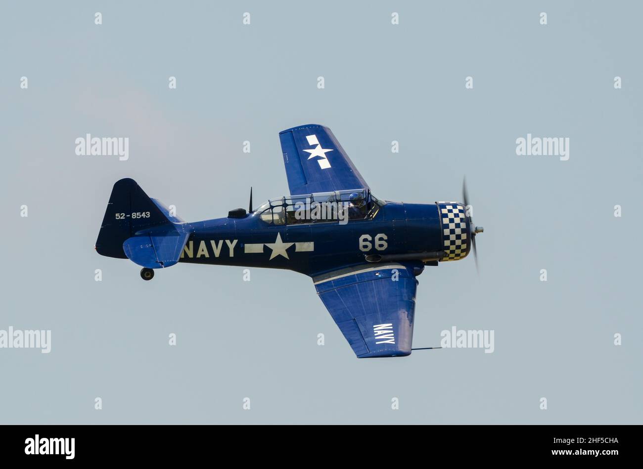 North American T-6J Harvard Mk IV, D-FSIX, North American T-6 Texan, Harvard, Second World War training plane, flying UK. Blue US Navy colour scheme Stock Photo