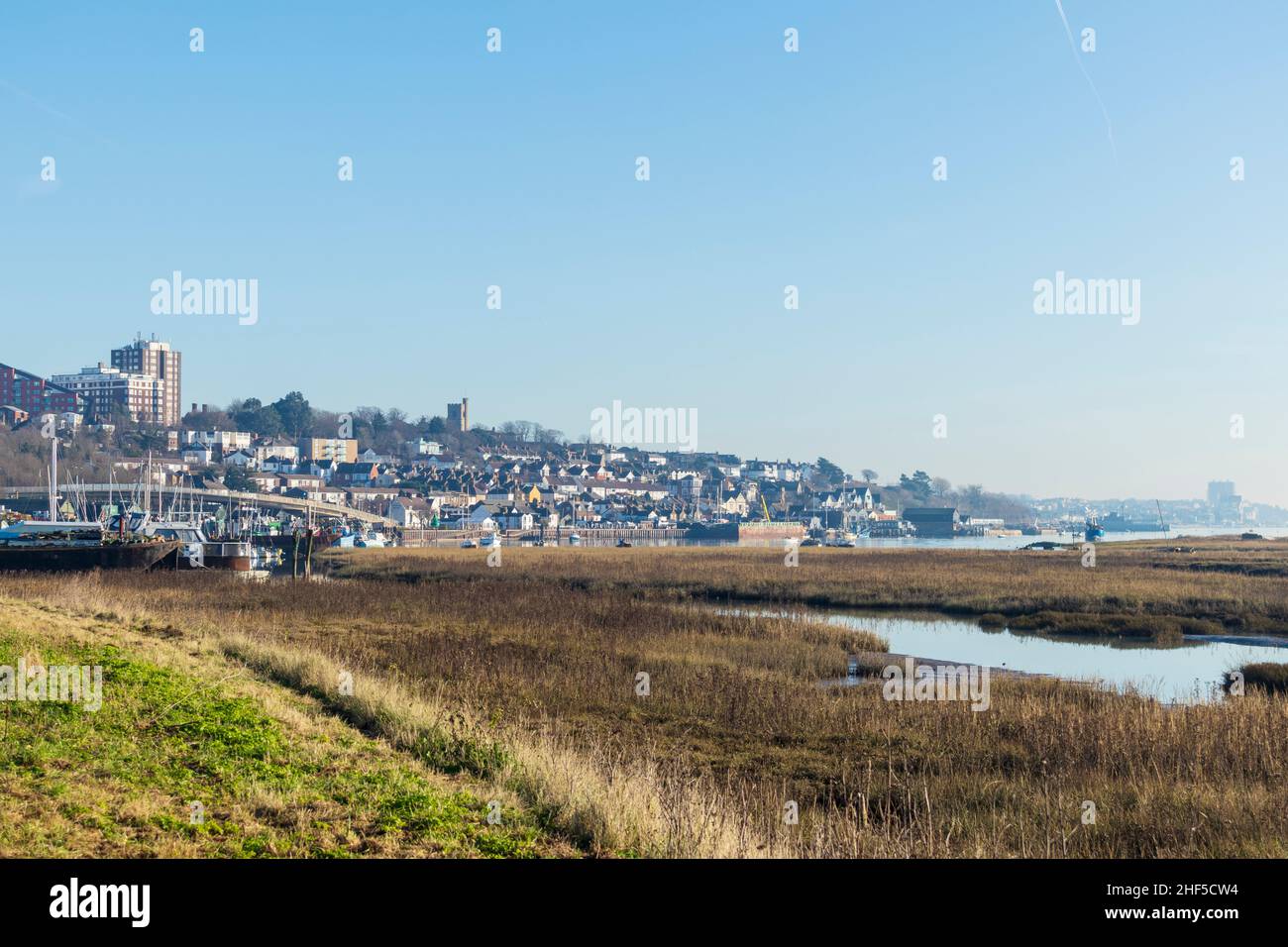 Looking from Leigh Marshes Towards Old Leigh and Chalkwell on a Glorious Sunny January Morning Stock Photo