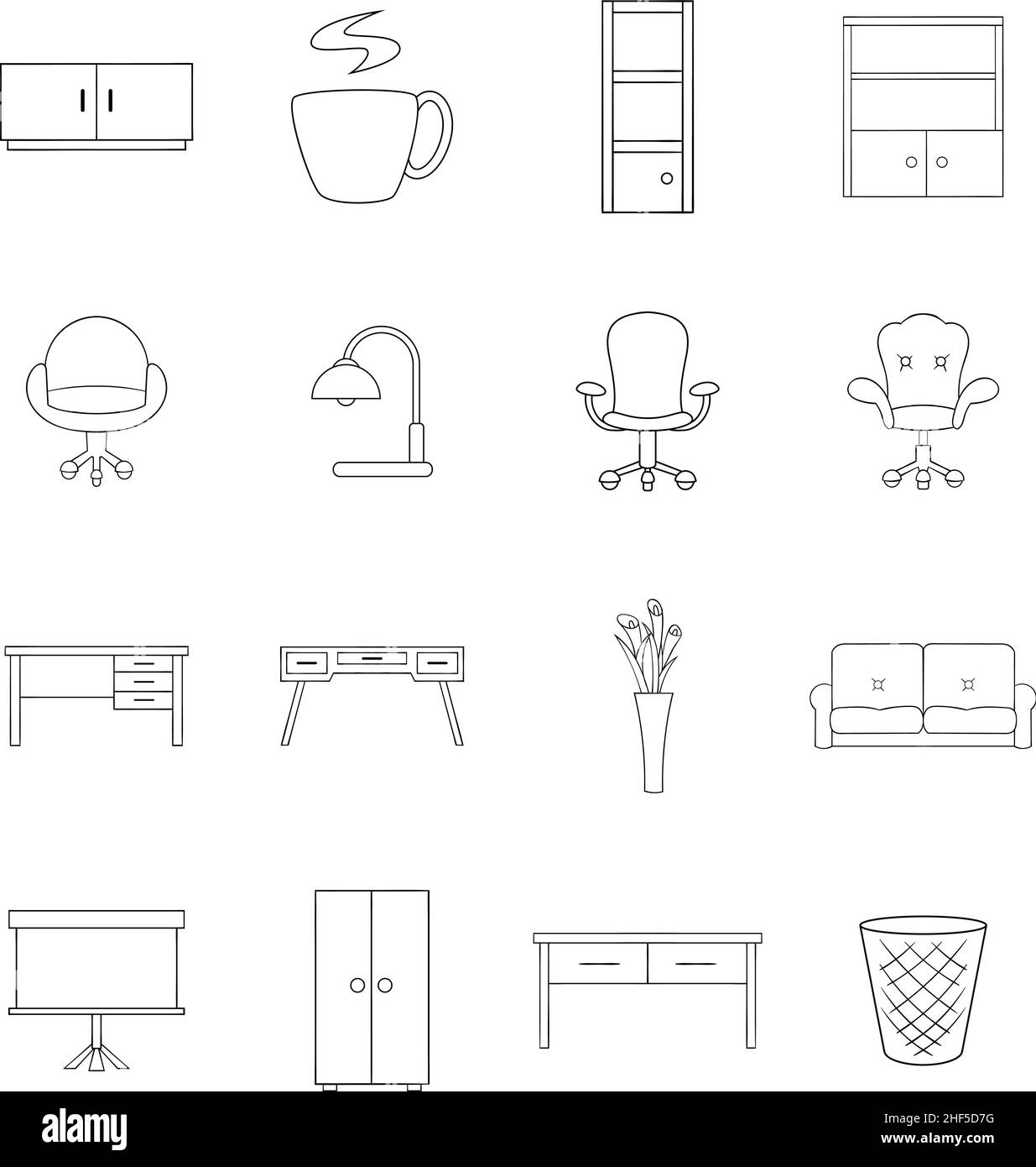 Office furniture interior set icons in outline style isolated on white