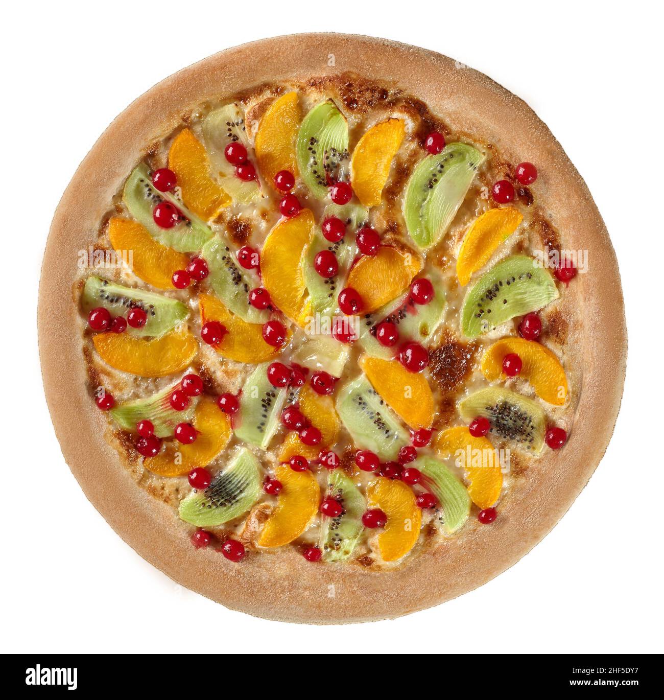Top view of pizza with kiwi, peaches, red currants on cream cheese sauce with condensed milk