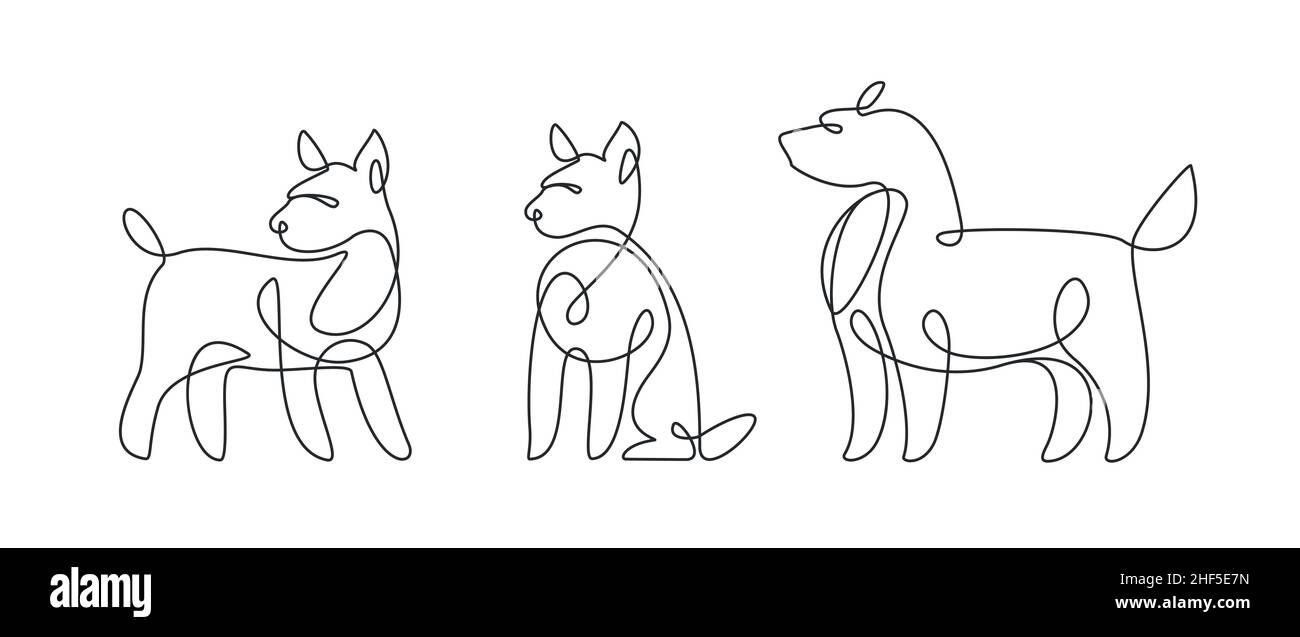 Dog set in modern one line style. Continuous line drawing, outline for pet shop. Vector illustration Stock Vector