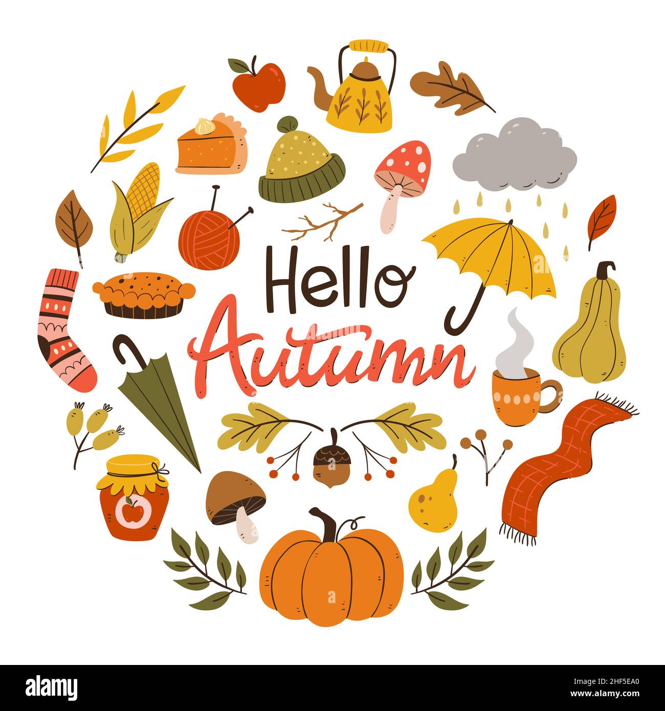 Colorful autumn card with seasonal elements. Warm clothes, pumpkins, apple pie, leaves and twigs. Hand drawn vector illustration with isolated elemen Stock Vector