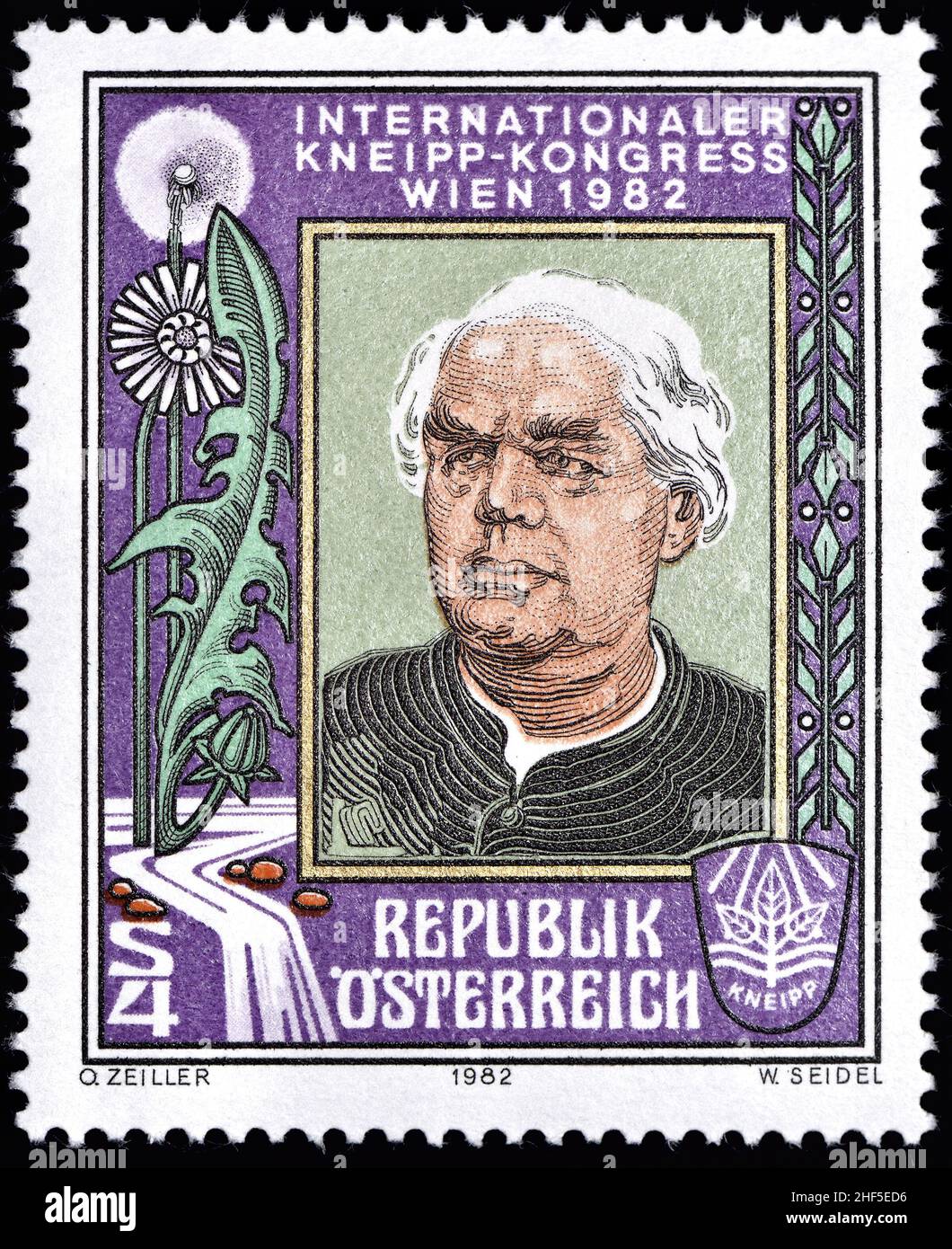 Austrian postage stamp (1982) : Sebastian Kneipp (1821 – 1897) German Catholic priest and one of the forefathers of the naturopathic medicine / hydoth Stock Photo