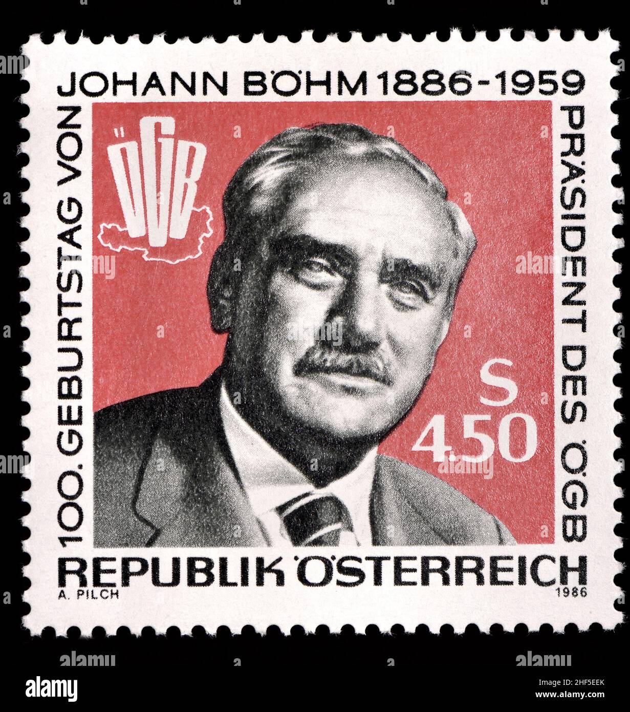 Austrian postage stamp (1986) : Johann Böhm (1895 – 1952) German Bohemian chemist specialising in photochemistry and radiography. Stock Photo