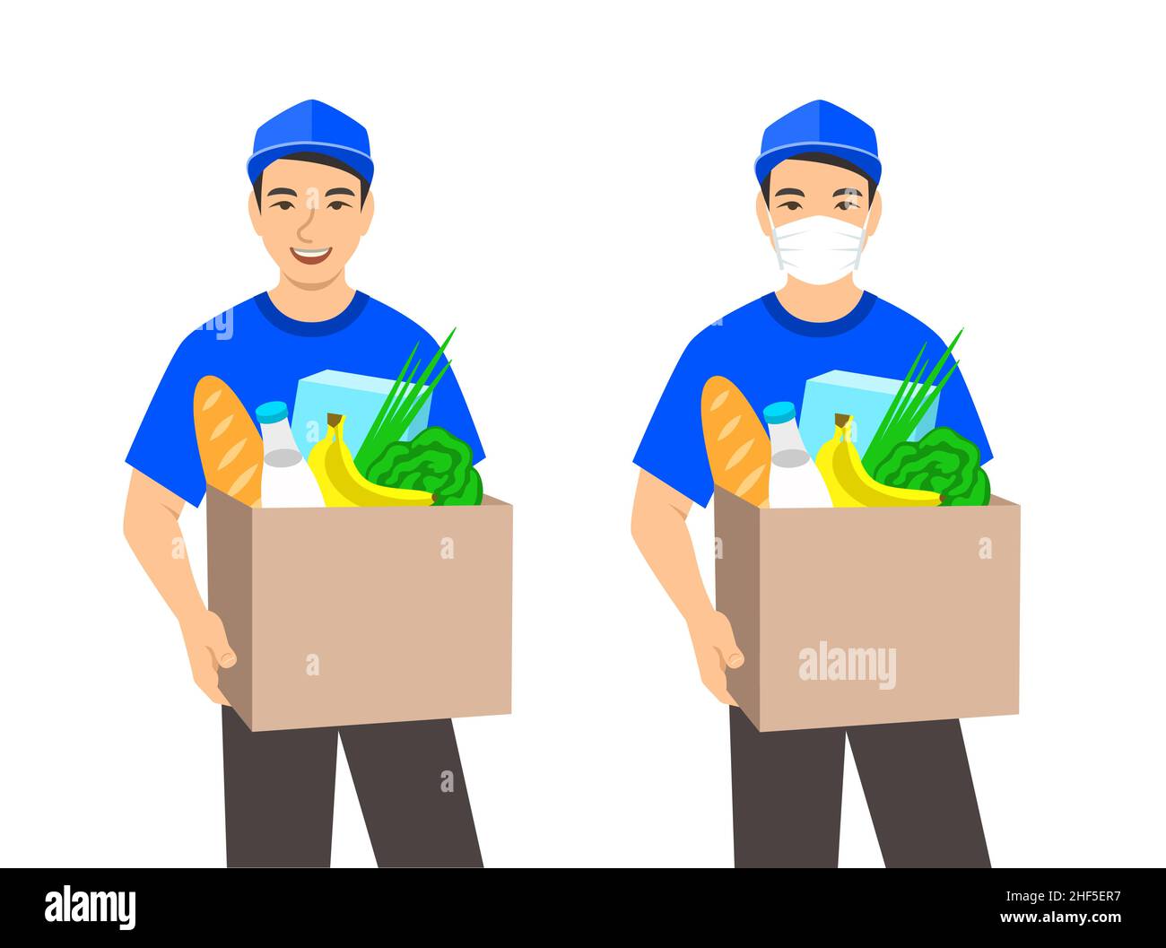 Delivery boy holding in hands box with grocery. Ordering products in the store with home delivery service. Flat vector illustration. Friendly cute del Stock Vector