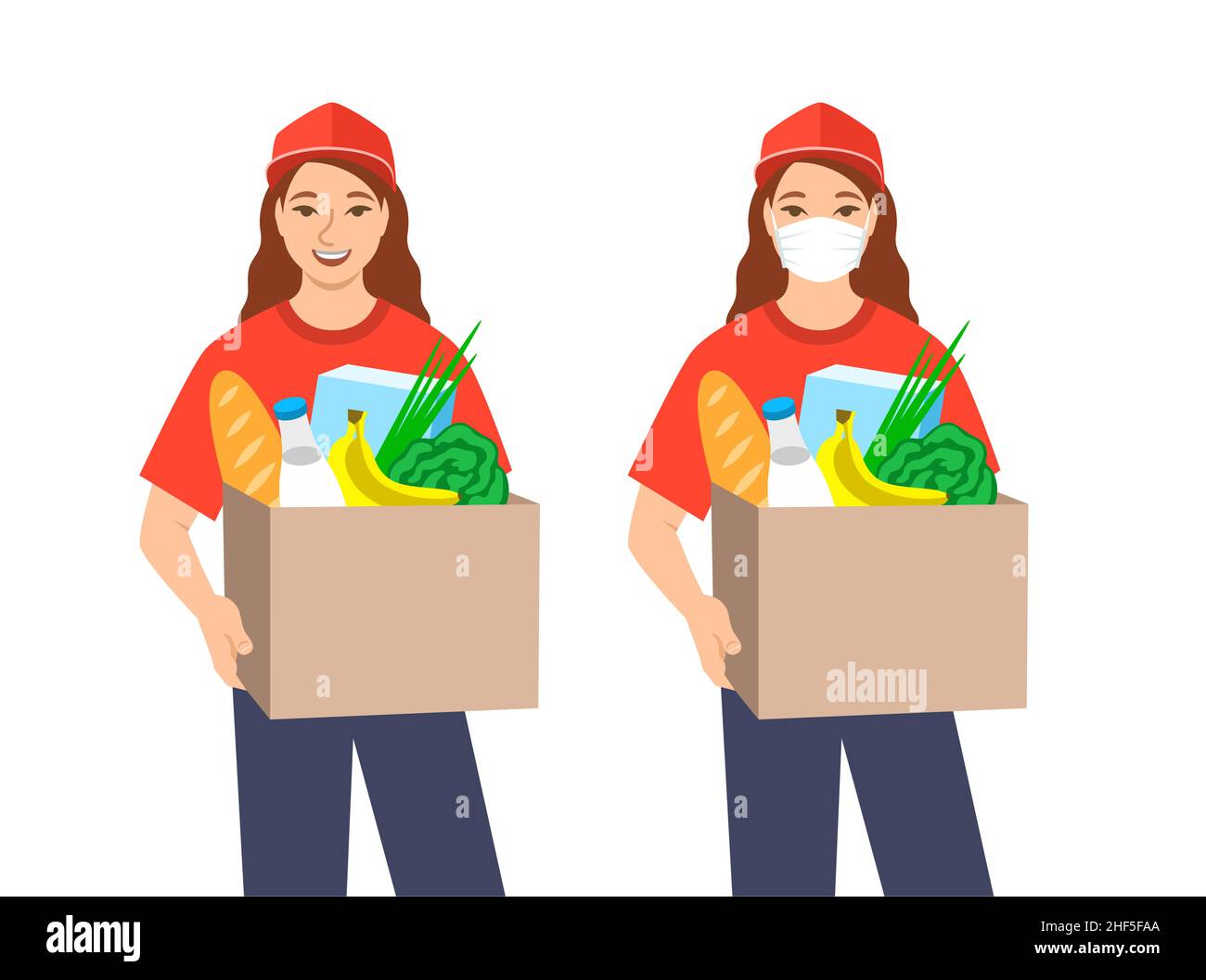 Delivery girl holding in hands box with grocery. Ordering products in the store with home delivery service. Flat vector illustration. Friendly cute de Stock Vector