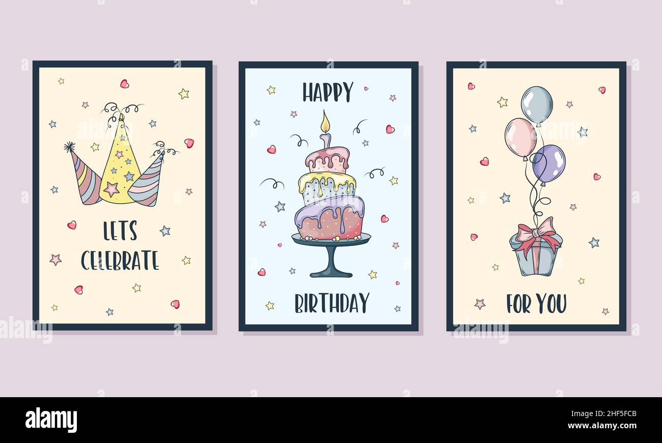 Set of birthday greeting cards. Happy Birthday gift cards Stock Vector