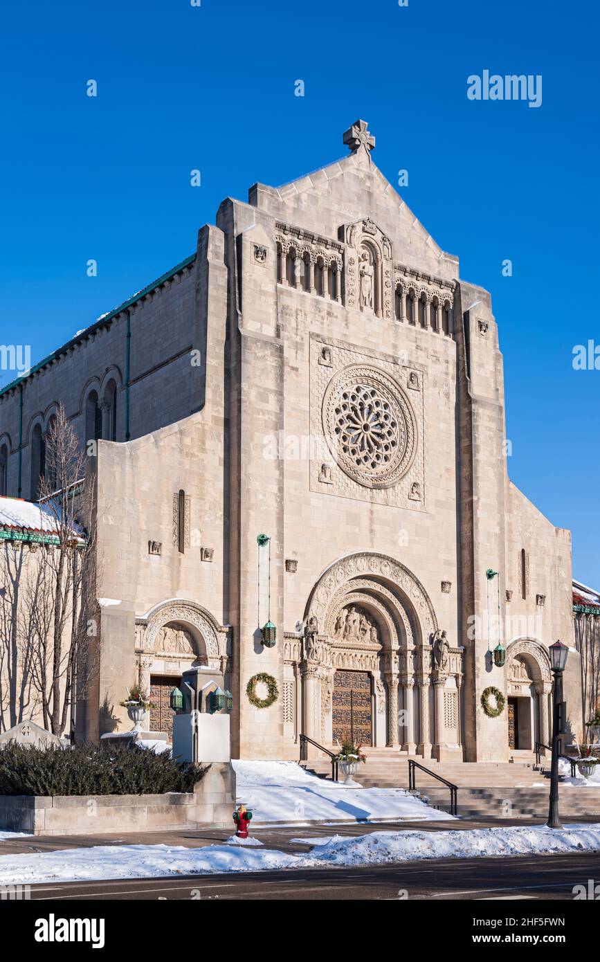 landmark church front entrances and corner of romanesque style architecture in st paul minnesota Stock Photo
