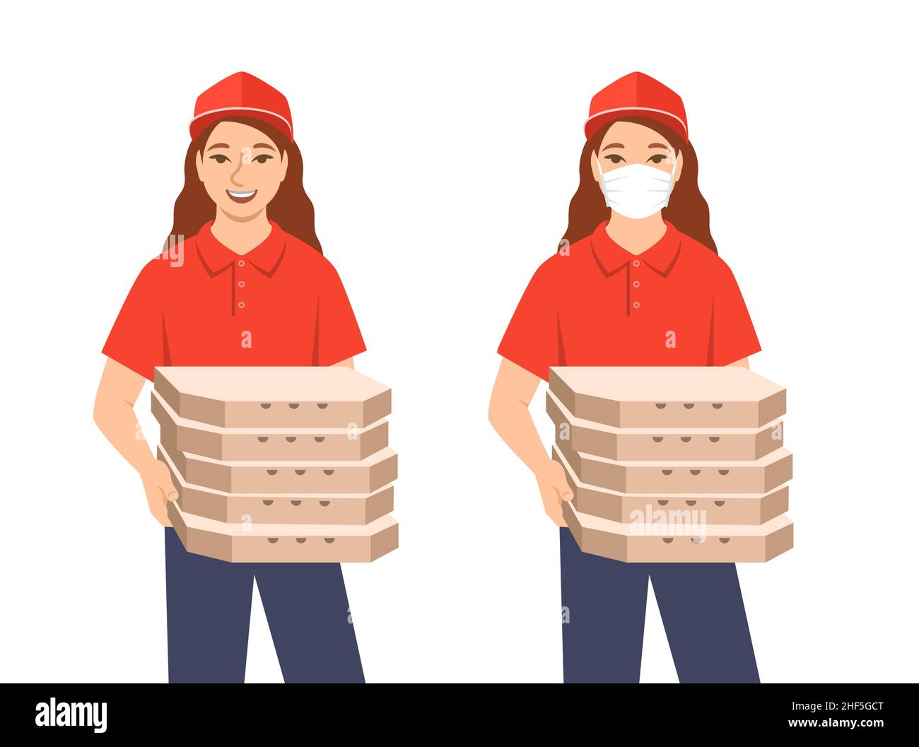 Delivery girl holding in hands several pizza boxes. Ordering pizza with home delivery service. Flat vector illustration. Friendly cute delivery servic Stock Vector