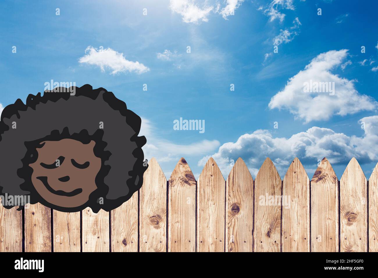 Woman face painting against wooden fence and clouds in the blue sky with copy space Stock Photo