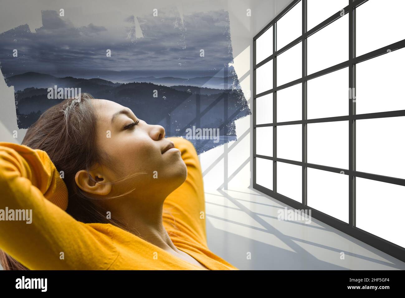 Composite image of asian woman sleeping against wall and office window with copy space Stock Photo