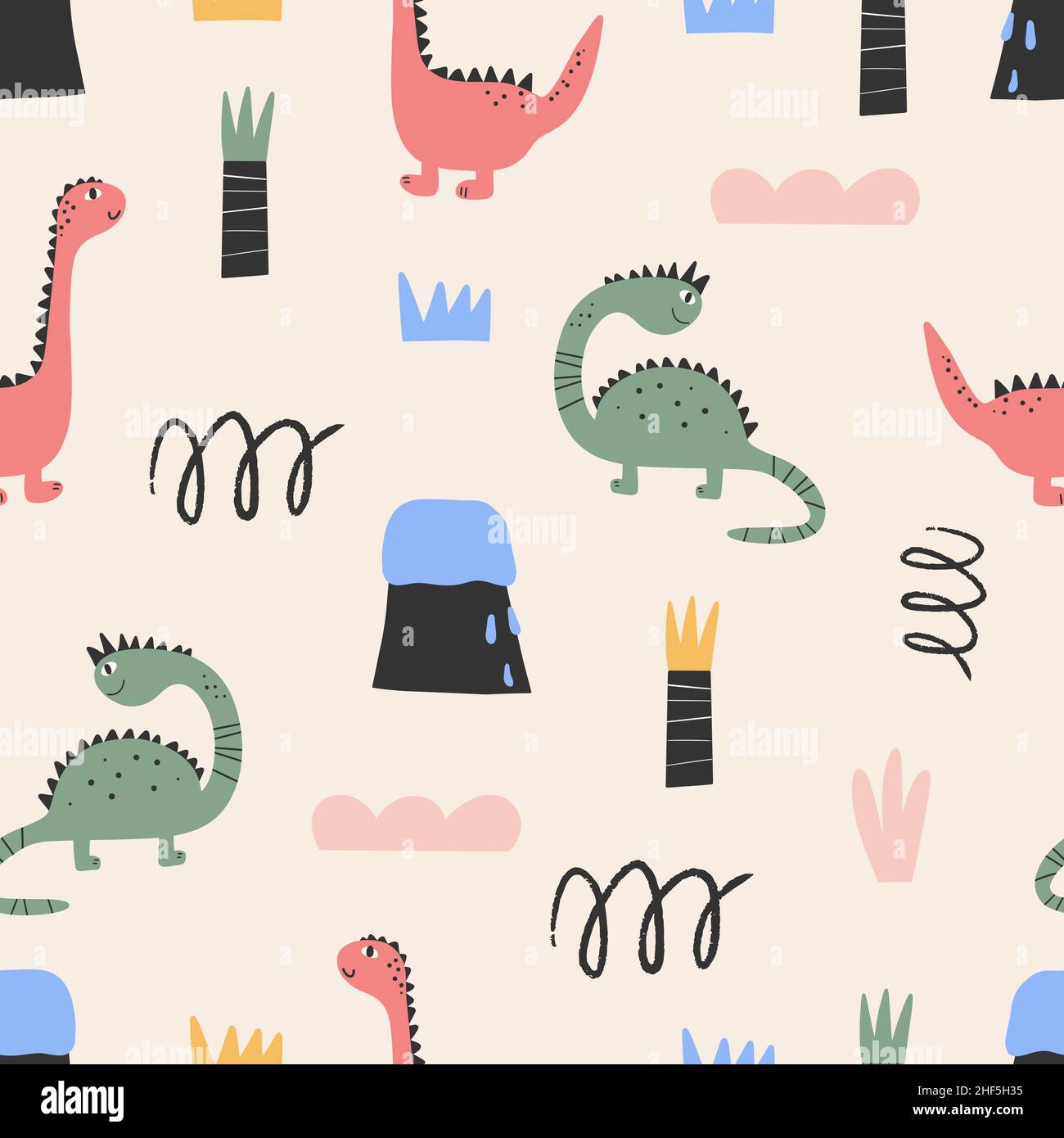 Cute dinosaur pattern - hand drawn childish dinosaur seamless pattern ...