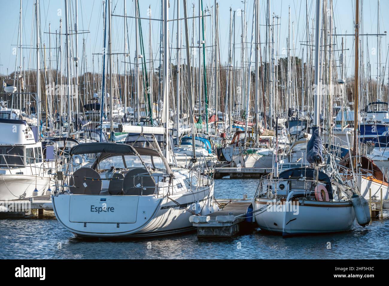 Chichester, January 5th 2022: Boats moored in Chichester Harbour Stock Photo