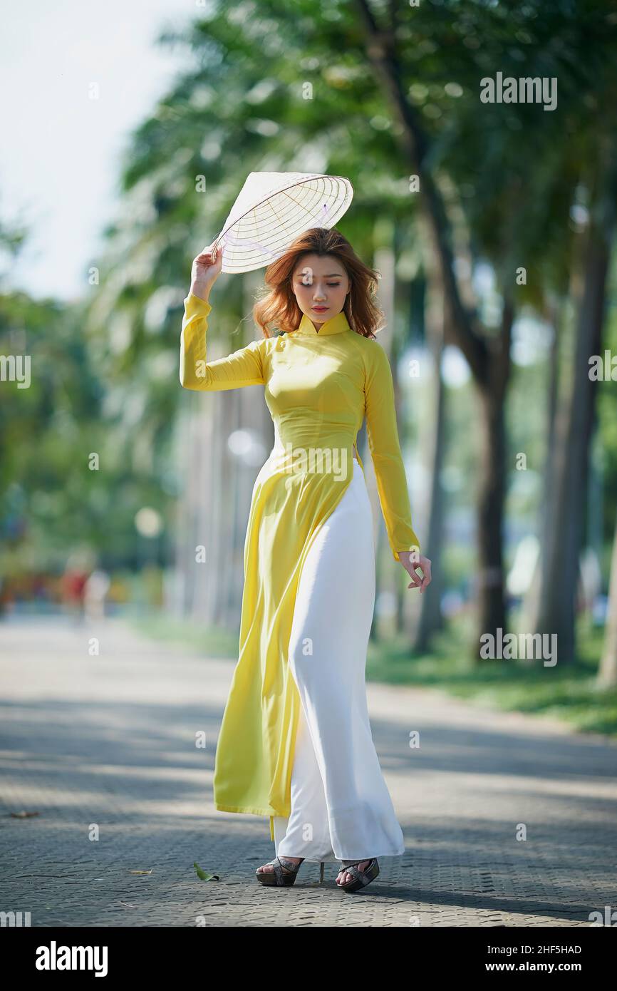 Ho Chi Minh City, Vietnam: Portrait of a graceful Vietnamese girl in ao dai Stock Photo