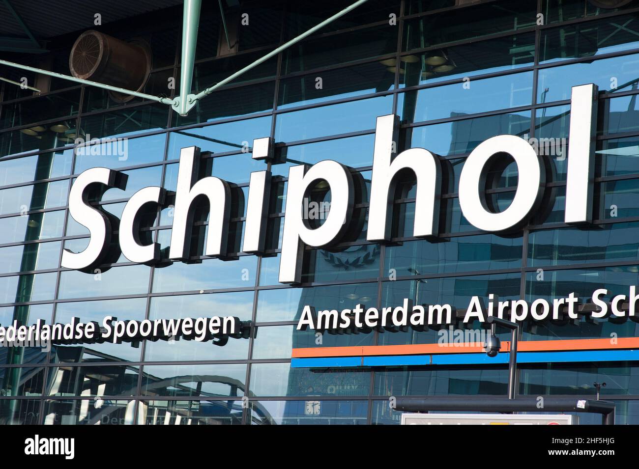 Amsterdam, Netherlands. Facade and Name / Brand Sign of Amsterdam Schiphol International Airport in Haarlemmermeer. Stock Photo
