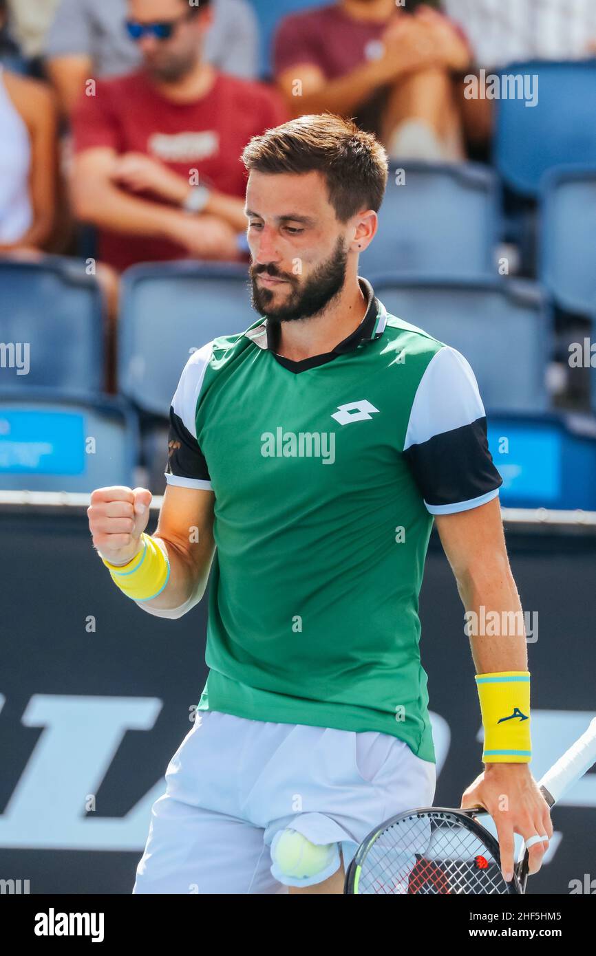 January 14, 2022: Damir Dzumhur of Bosnia during his match against Marco  Trungelliti of Argentina on day 5 of 2022 Australian Open Qualifying at  Melbourne Park on January 14, 2022 in Melbourne,