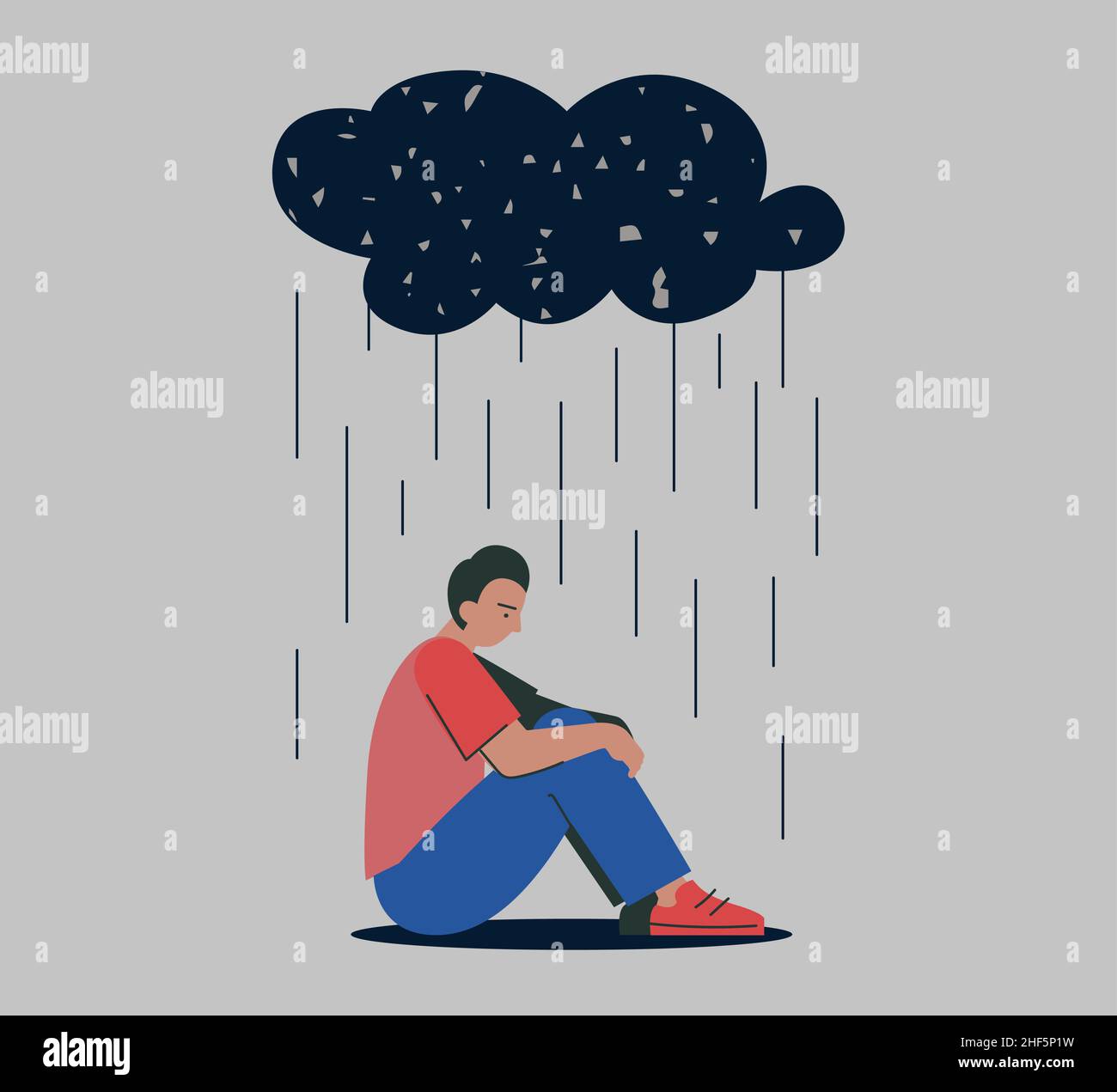 Unhappy depressed sad man in stress with negative emotion problem sitting under rain cloud. Loneliness guy. Alone loser male person depression. Solitude and bad emotions in overcast weather. Vector Stock Vector
