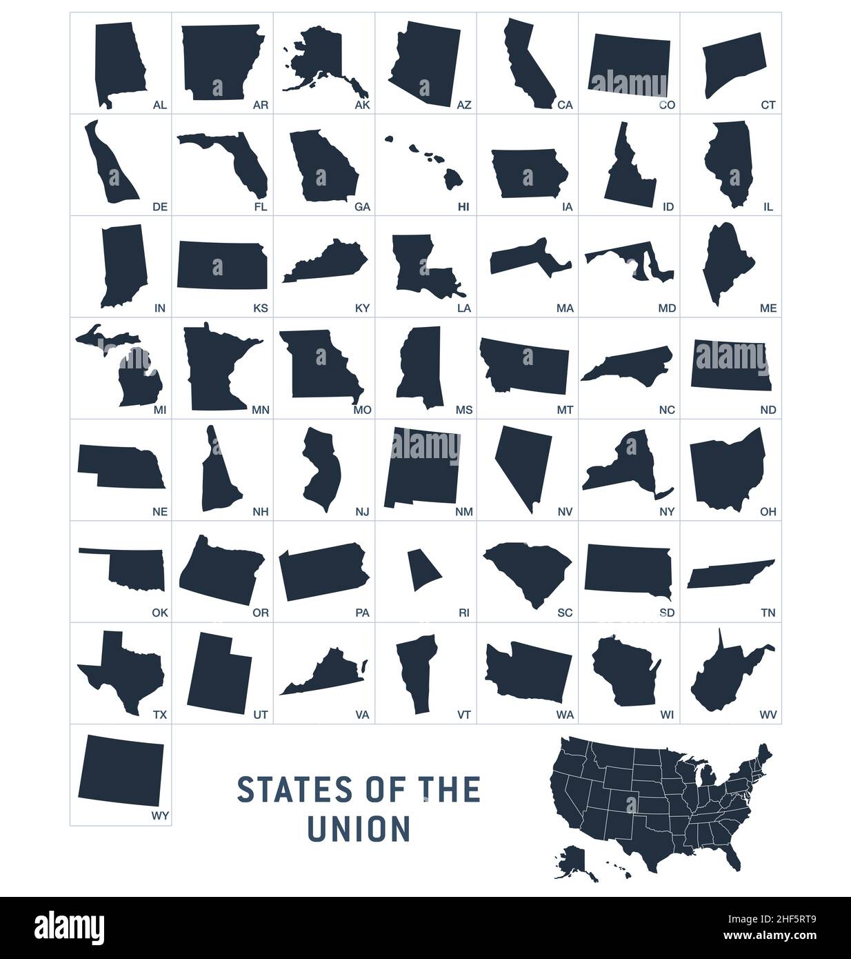 Simplified state shapes of the USA unites states of america set of all