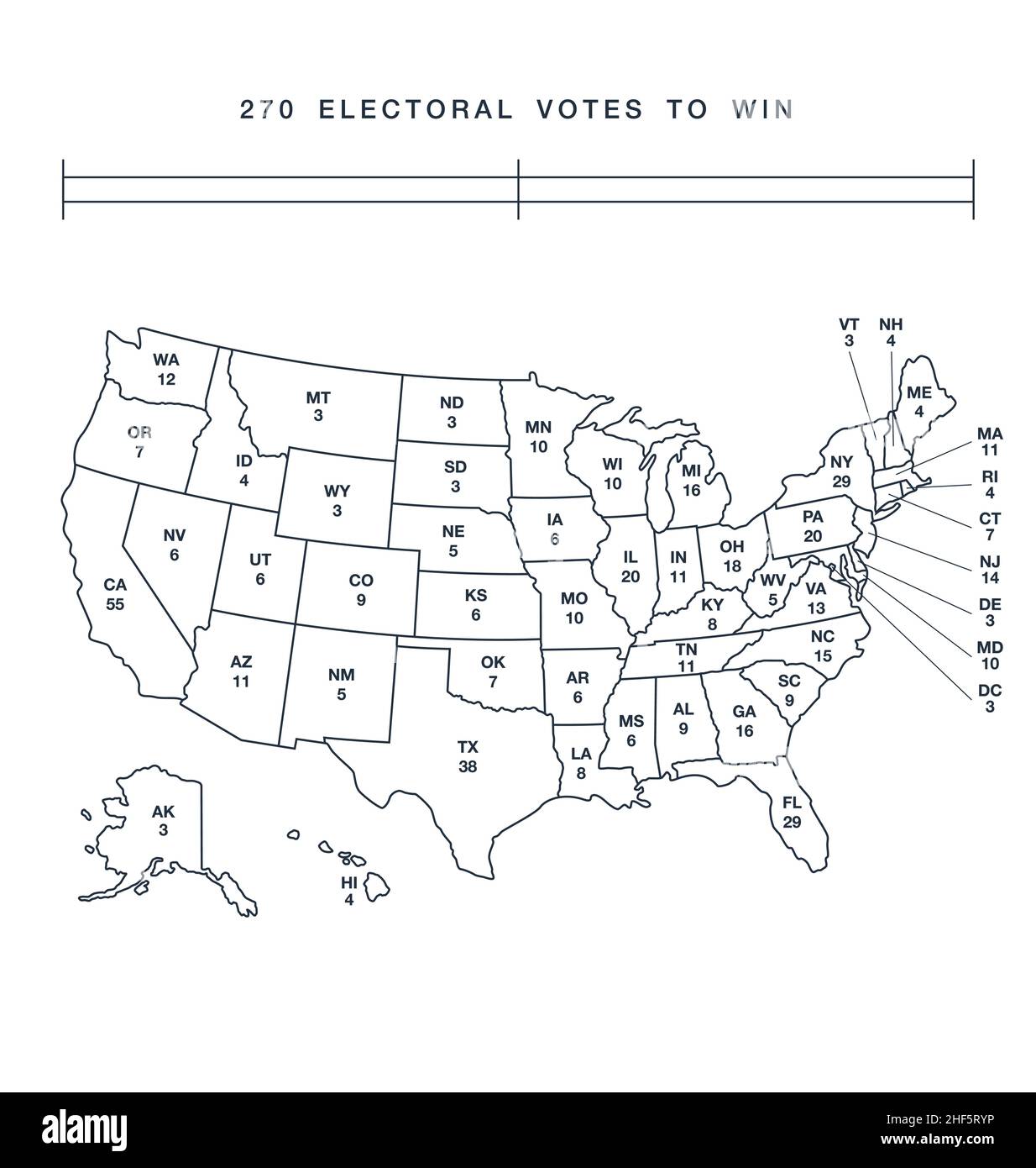 accurate correct simplified usa electoral college map with separated states codes 270 to win vector isolated on white background Stock Vector