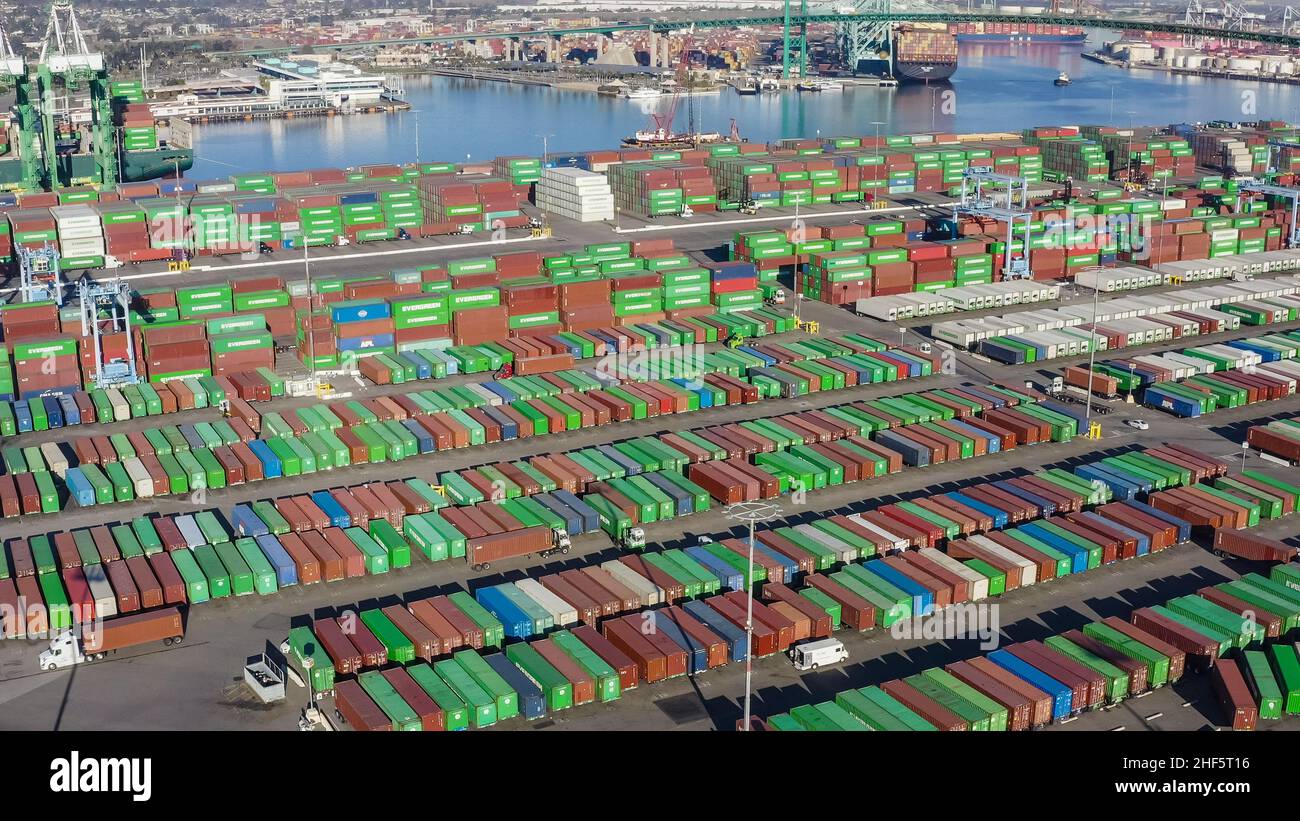 Aerial view of container shipping operations at the port of San Pedro and Long Beach - San Pedro, Los Angeles, California, United States (US) Stock Photo