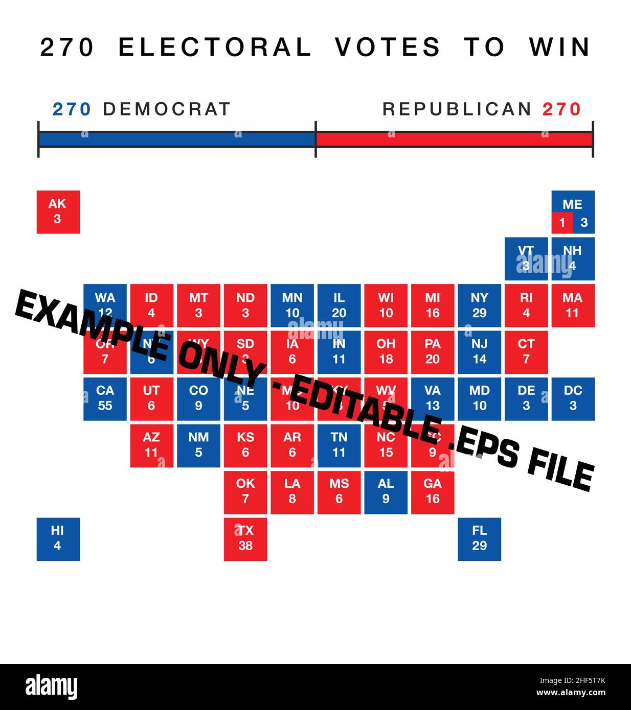 stylized usa editable electorial college map with separated square ...