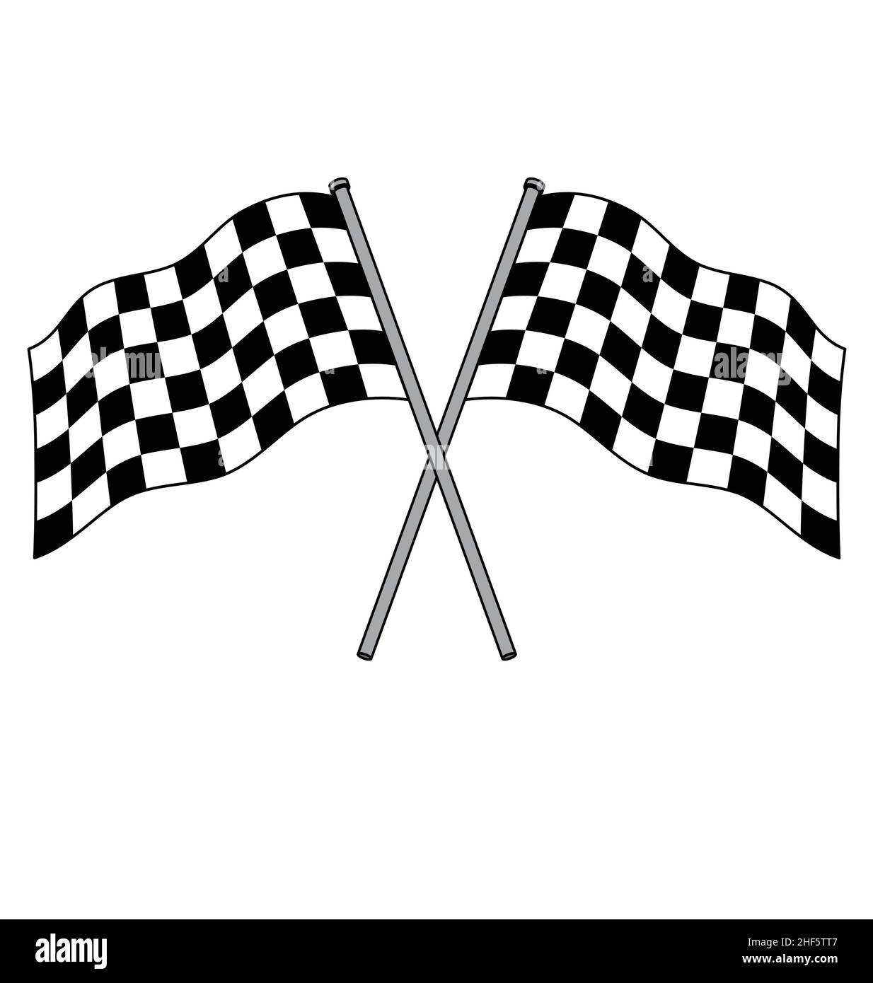 twin double chequered checkered racing flags cartoon flying waving on crossed flagpoles vector isolated on white background Stock Vector