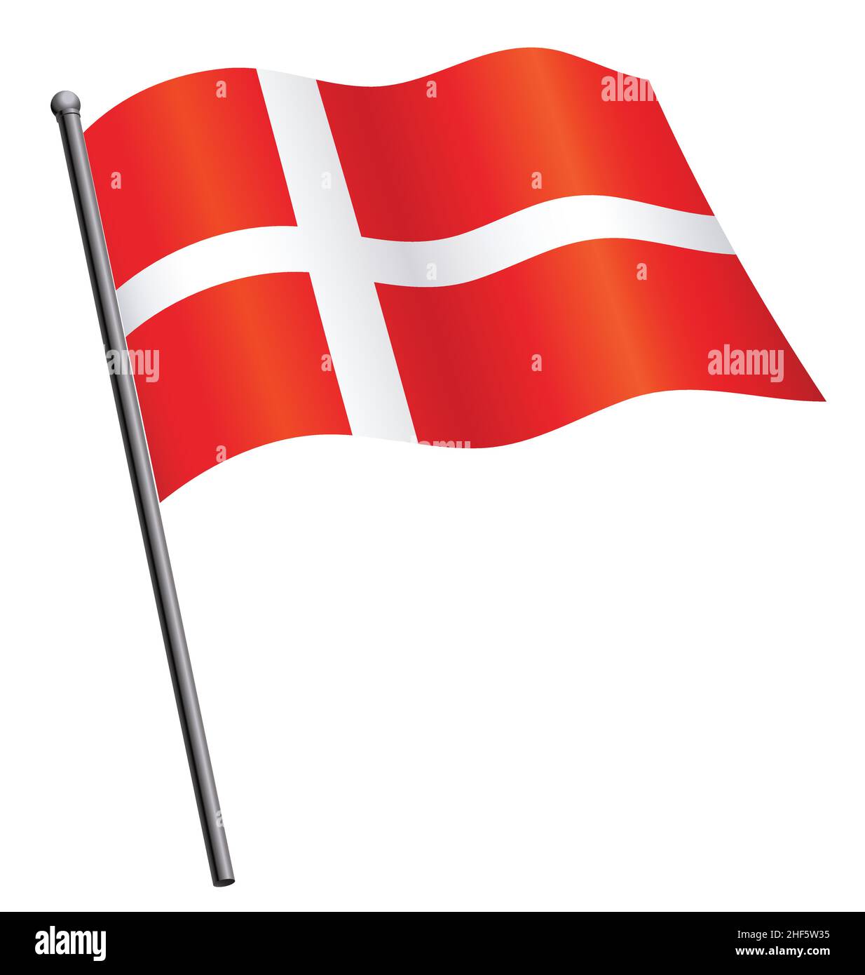 Danish flag of Denmark silk flying waving on flagpole vector isolated on white background Stock Vector