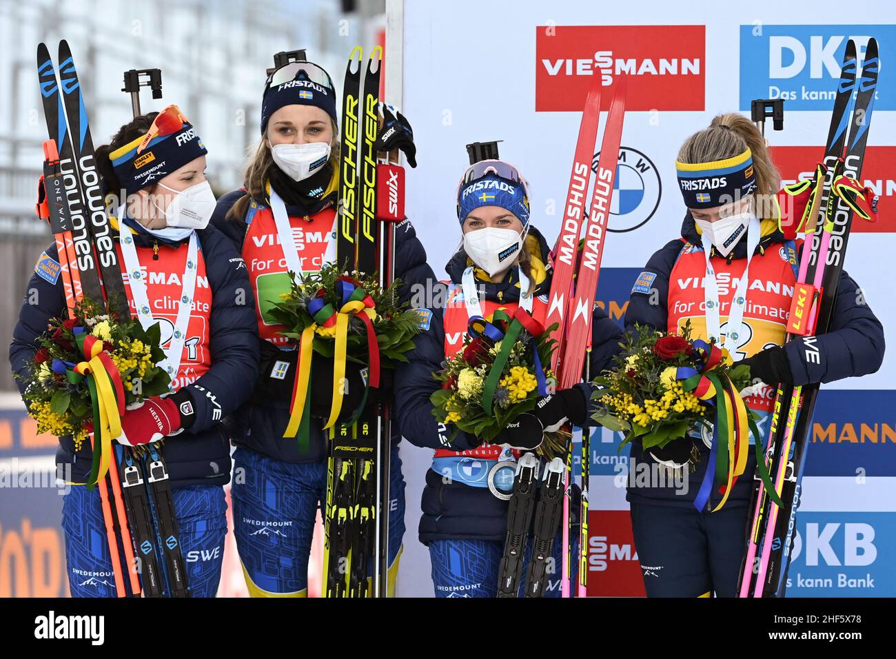 Ruhpolding, Germany. 14th Jan, 2022. Biathlon: World Cup - relay 4 x 6 km, women: The second-placed Swedish women stand at the award ceremony. Credit: Sven Hoppe/dpa/Alamy Live News Stock Photo