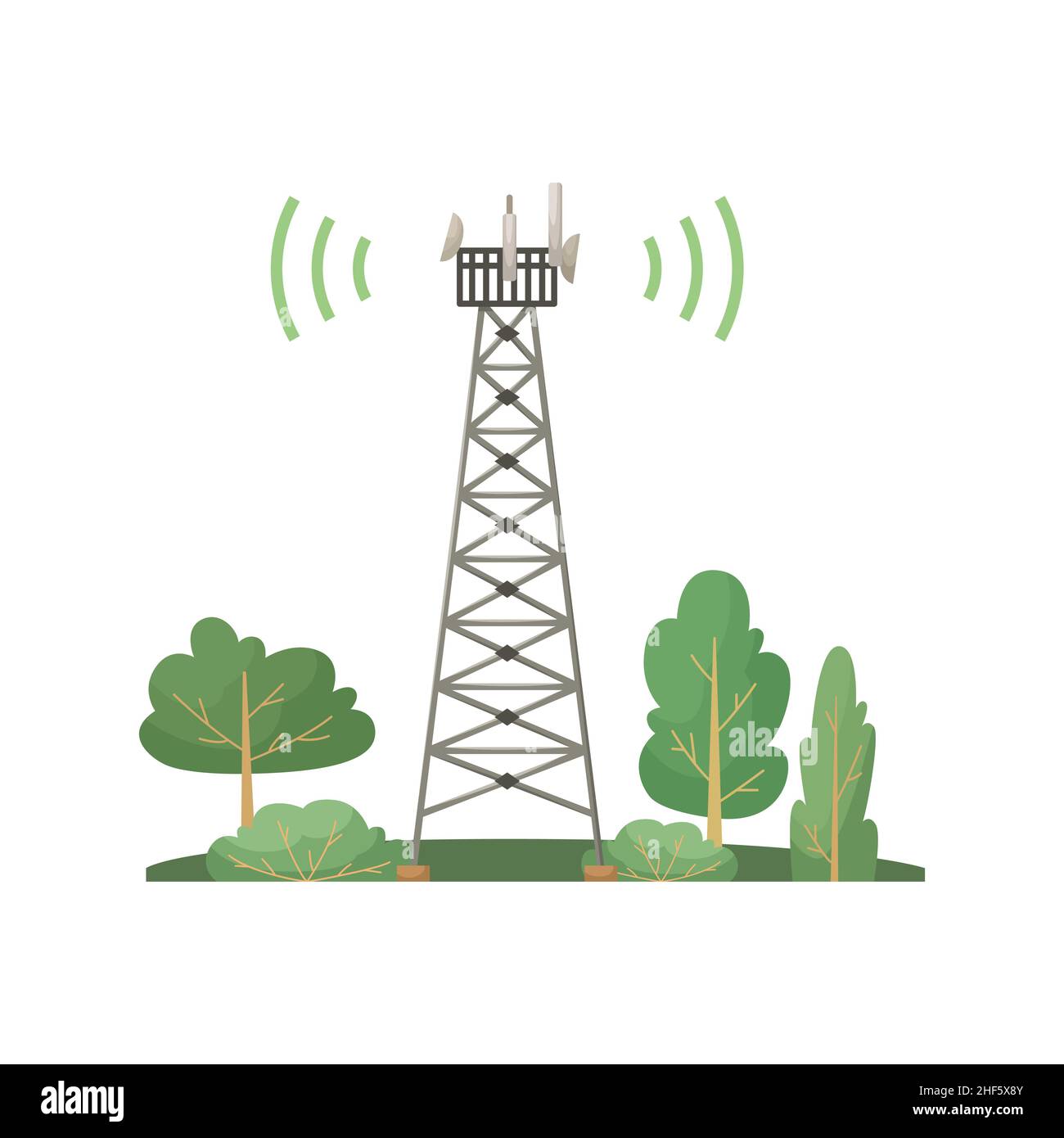 Vector illustration of a cellular communication tower standing in a forest. 5G, 4g signal distribution. The Internet. Modern technologies Stock Vector