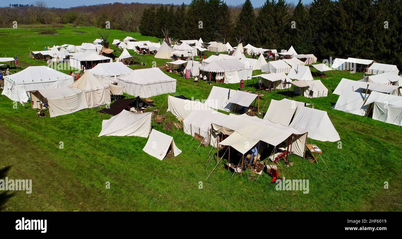 Aerial view of Blood Lake Rendezvous encampment of pre-1840 historical re-enactors offering pioneer-era period clothing, activities, Woodford, WI, USA Stock Photo