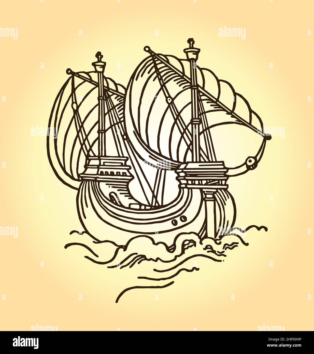 Vintage old ship line drawing vector illustration on sepia background Stock Vector
