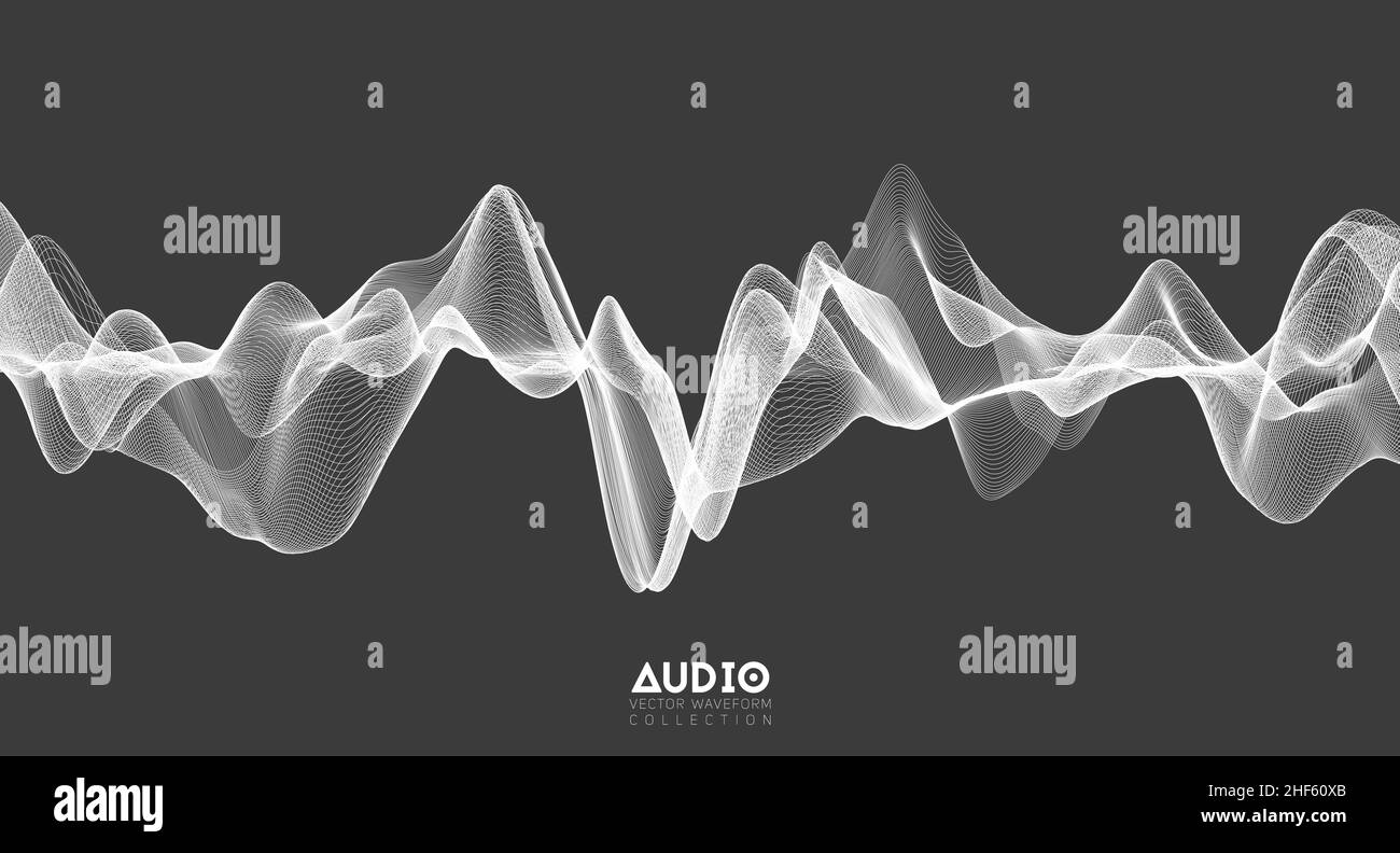 3d audio soundwave. White music pulse oscillation. Glowing impulse pattern Stock Vector