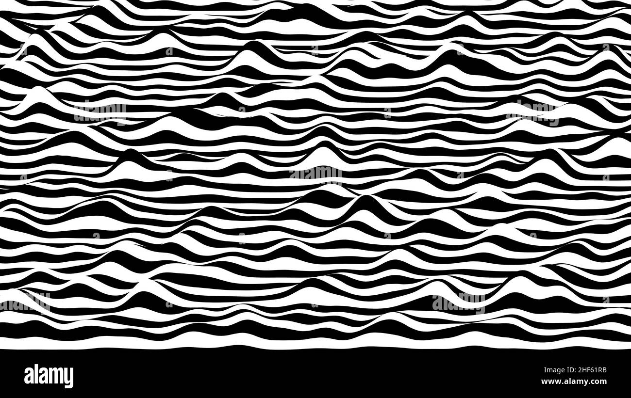 Trendy 3D black and white stripes distorted backdrop. Procedural ripple ...